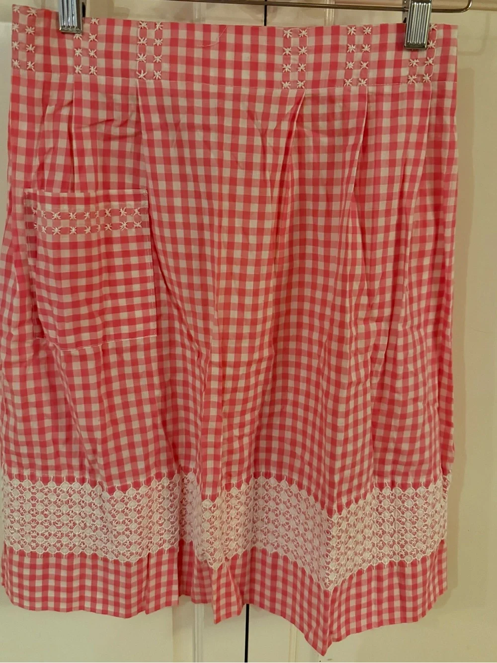 Vintage Pink Gingham Half Apron with Pocket & Lace Trim Cottagecore Retro
